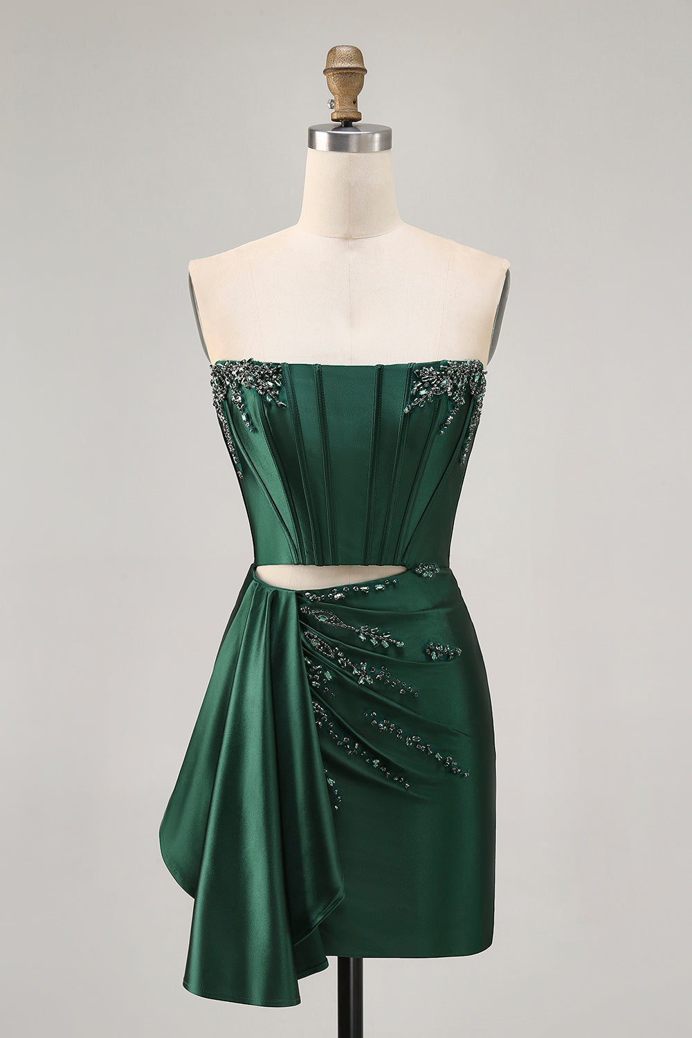 Sparkly Dark Green Tight Beaded Short Corset Homecoming Dress with Drape