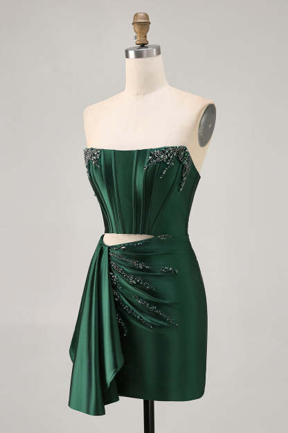 Sparkly Dark Green Tight Beaded Short Corset Homecoming Dress with Drape