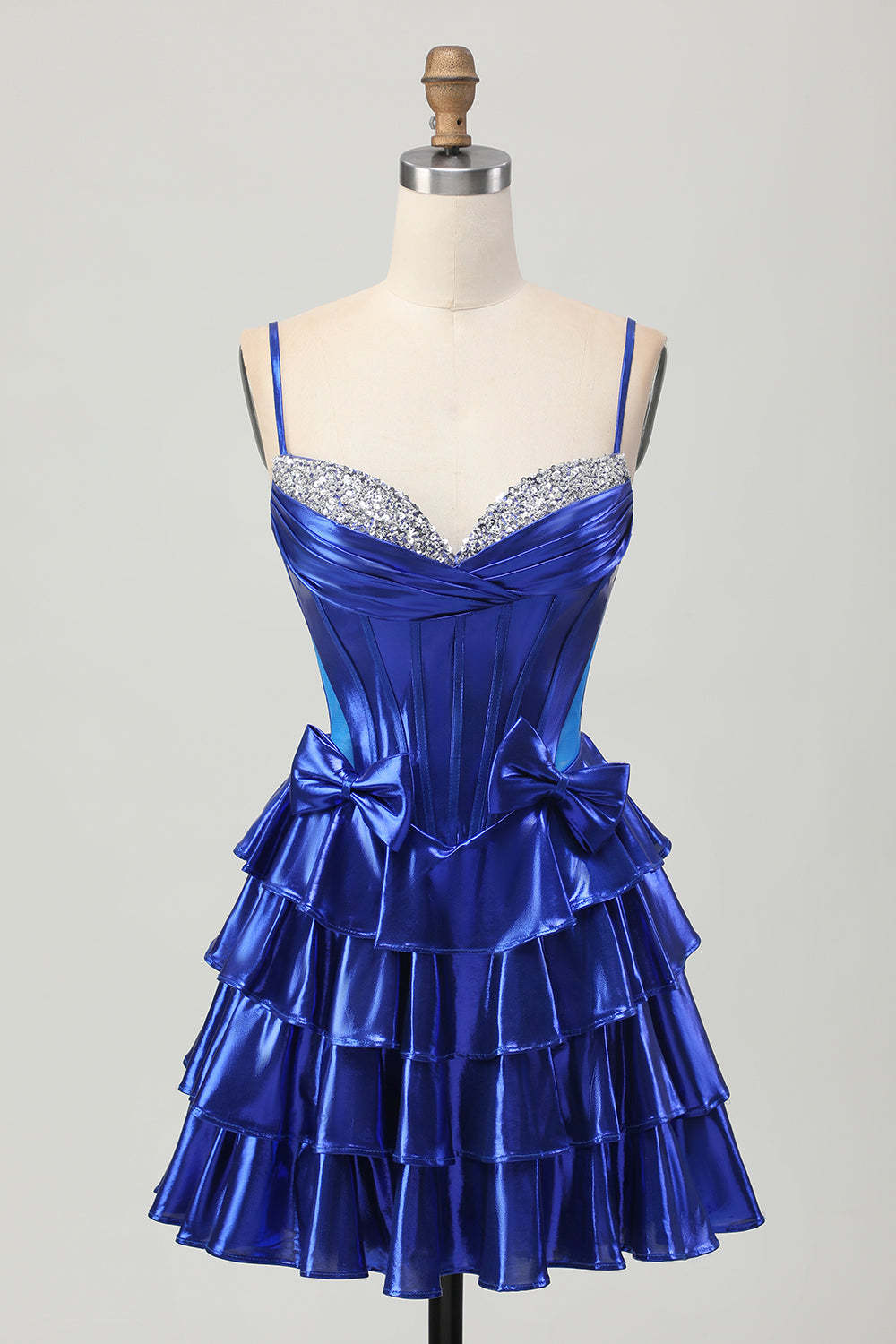 Royal Blue Metallic Corset Ruffled Short Homecoming Dress with Bows