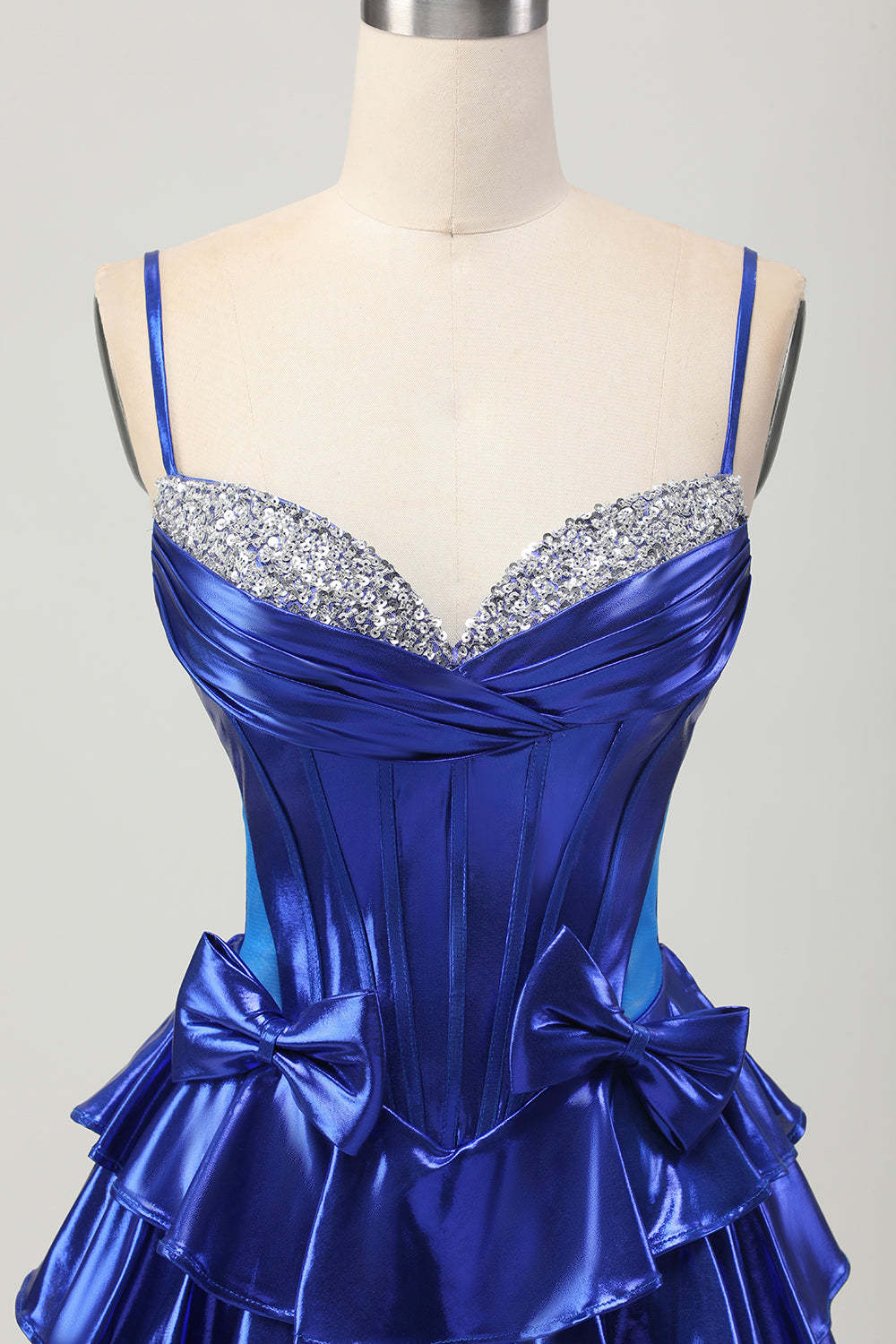 Royal Blue Metallic Corset Ruffled Short Homecoming Dress with Bows