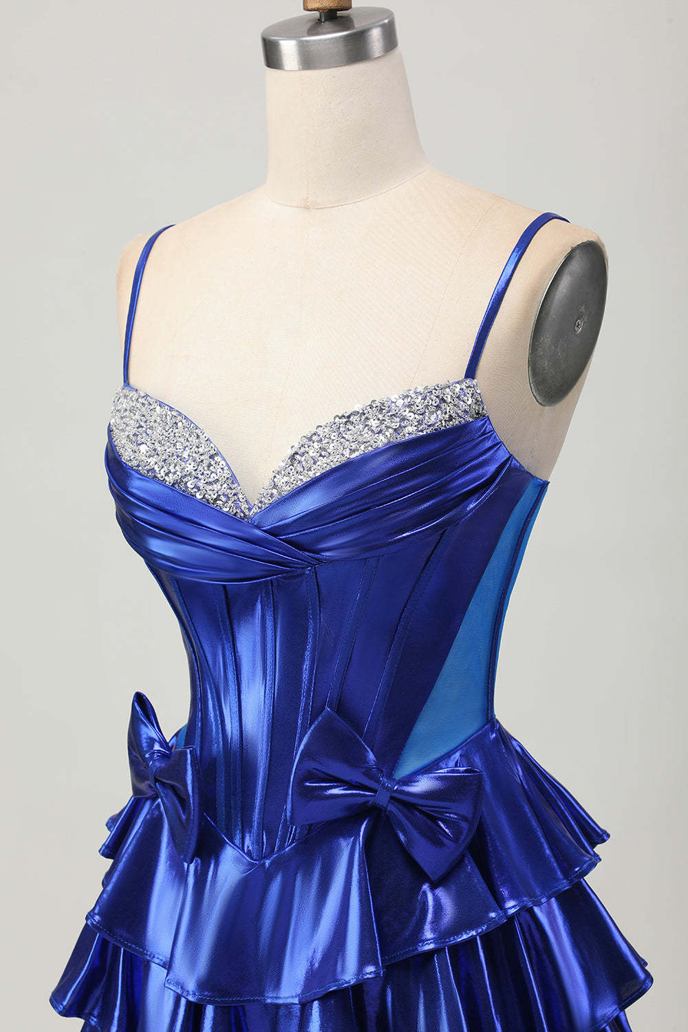 Royal Blue Metallic Corset Ruffled Short Homecoming Dress with Bows