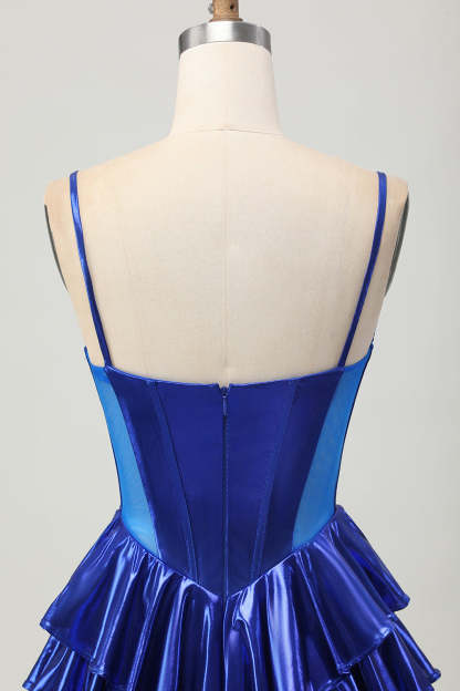 Royal Blue Metallic Corset Ruffled Short Homecoming Dress with Bows