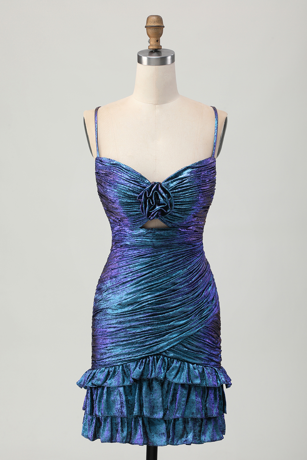 Tight Blue and Purple Metallic Floral Short Homecoming Dress with Ruffles