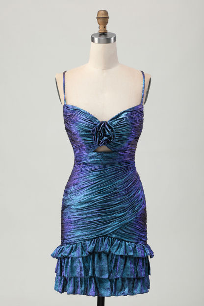 Metallic Tight Blue and Purple Short Homecoming Dress with Ruffles