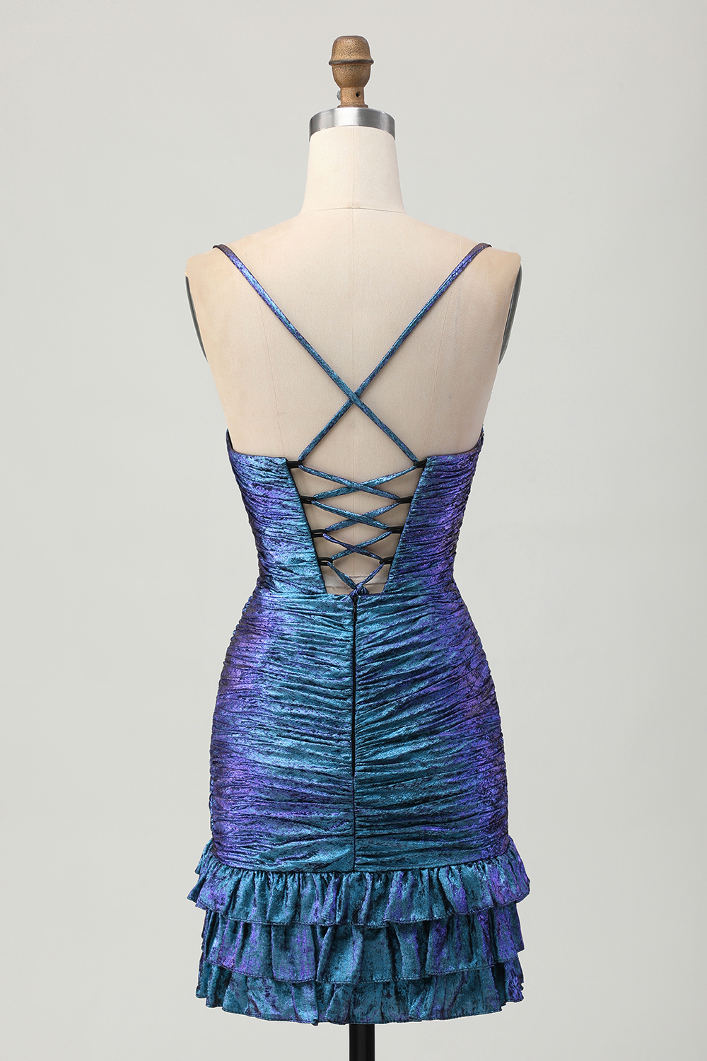 Tight Blue and Purple Metallic Floral Short Homecoming Dress with Ruffles