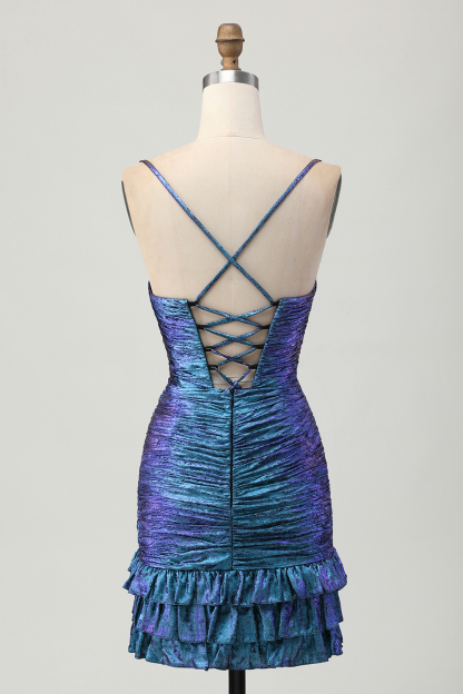 Metallic Tight Blue and Purple Short Homecoming Dress with Ruffles