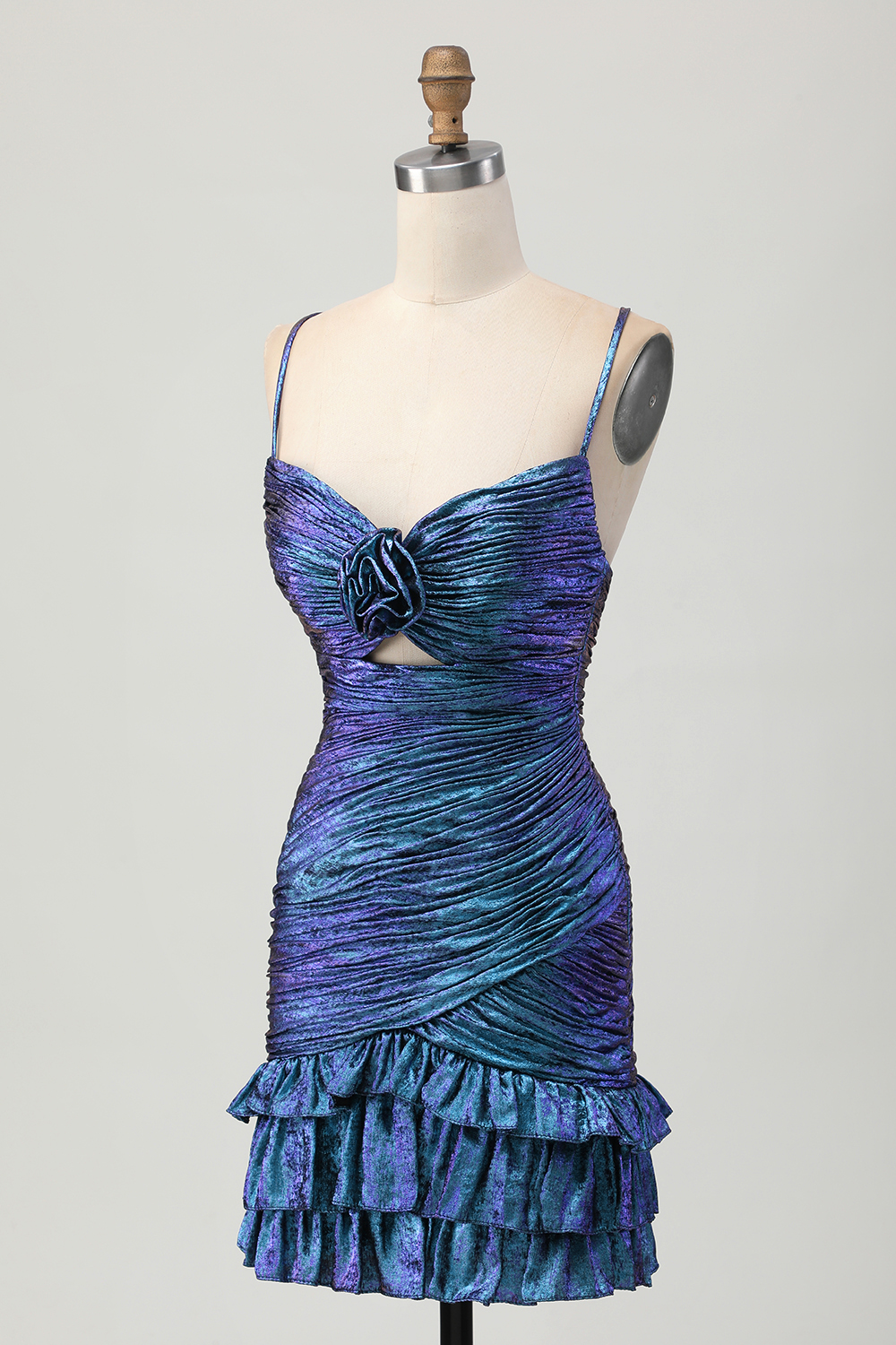 Tight Blue and Purple Metallic Floral Short Homecoming Dress with Ruffles