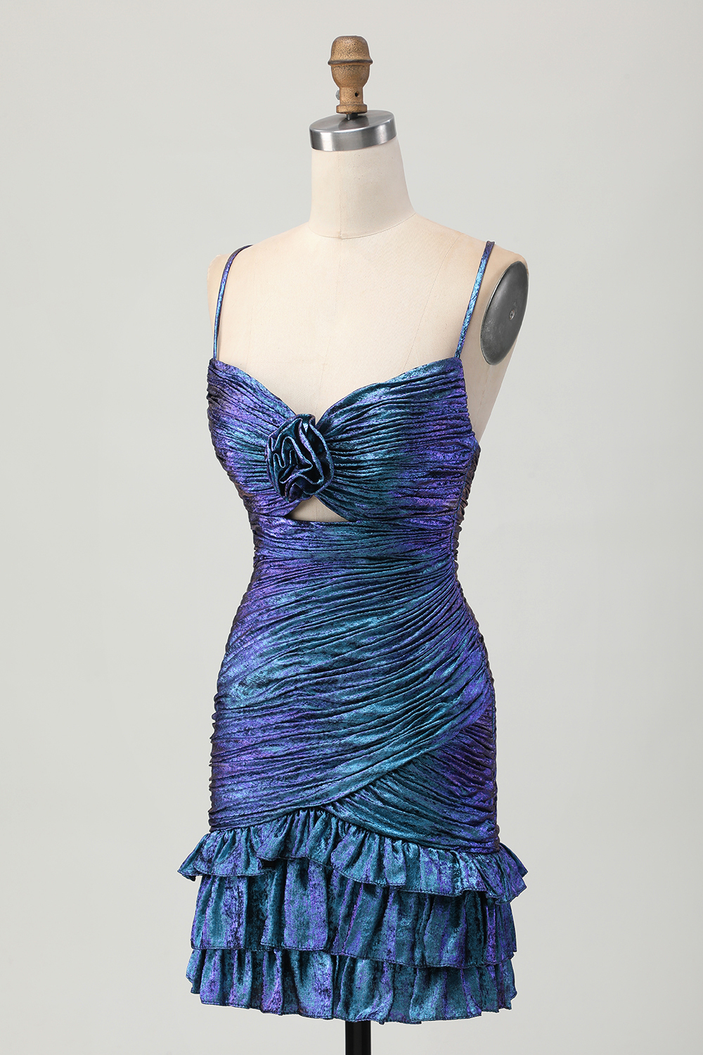 Tight Blue and Purple Metallic Floral Short Homecoming Dress with Ruffles