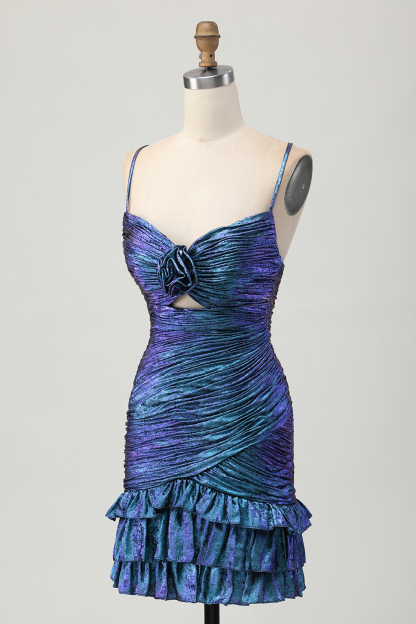 Tight Blue and Purple Metallic Floral Short Homecoming Dress with Ruffles