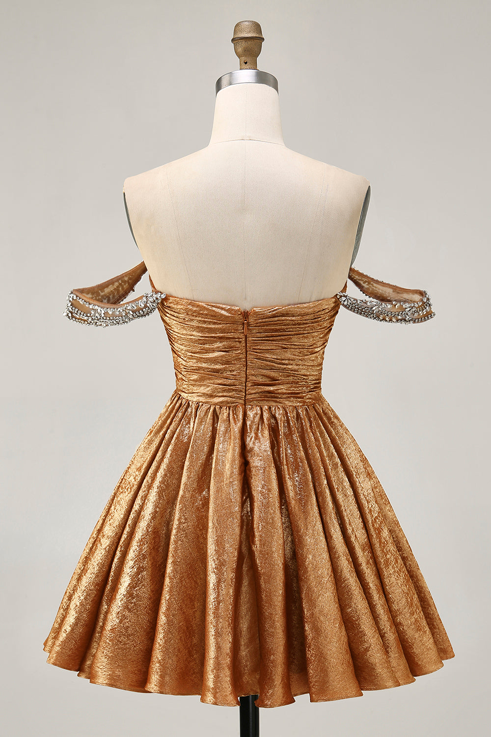 Golden Metallic Ruched Off the Shoulder A Line Short Homecoming Dress