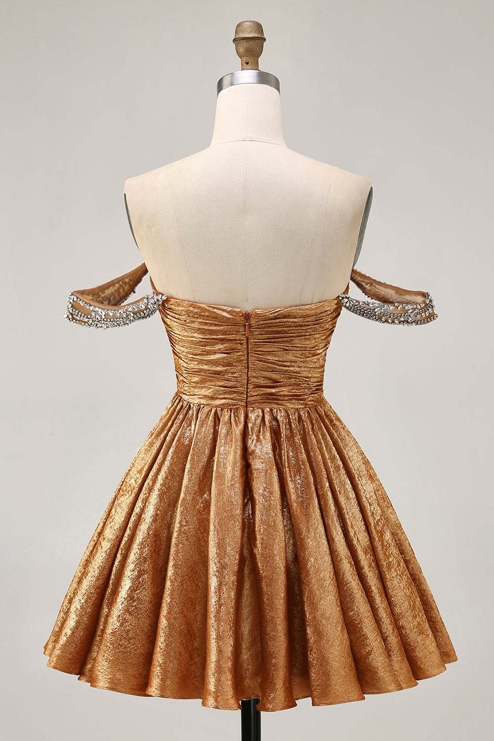 Green Metallic A Line Off the Shoulder Pleated Short Homecoming Dress