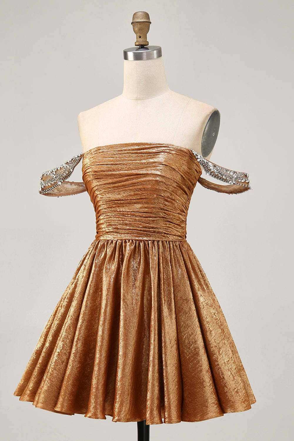 Green Metallic A Line Off the Shoulder Pleated Short Homecoming Dress