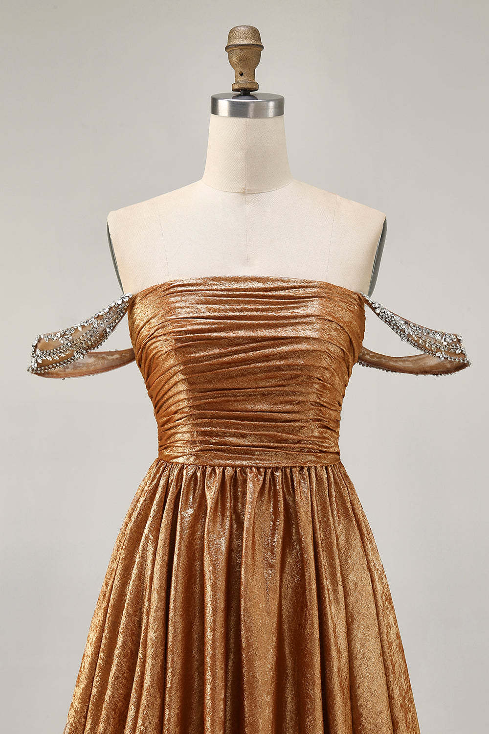Green Metallic A Line Off the Shoulder Pleated Short Homecoming Dress