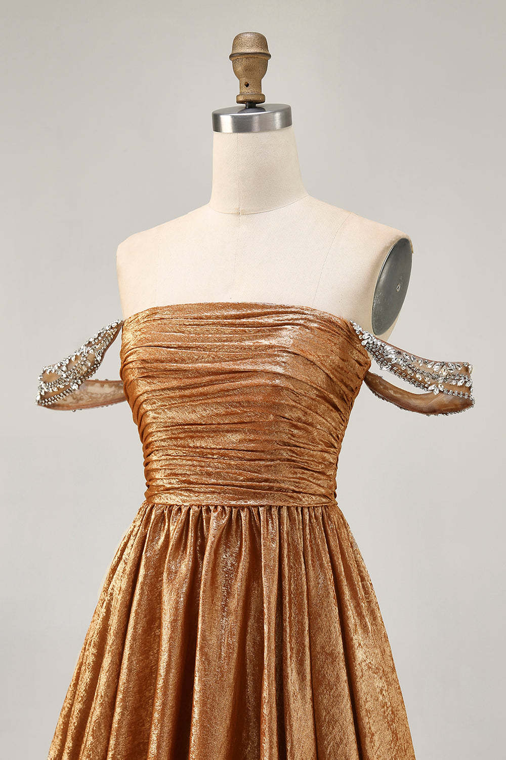Green Metallic A Line Off the Shoulder Pleated Short Homecoming Dress