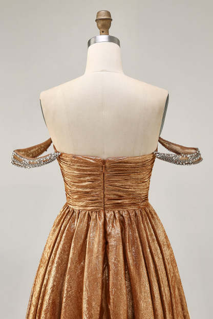 Green Metallic A Line Off the Shoulder Pleated Short Homecoming Dress