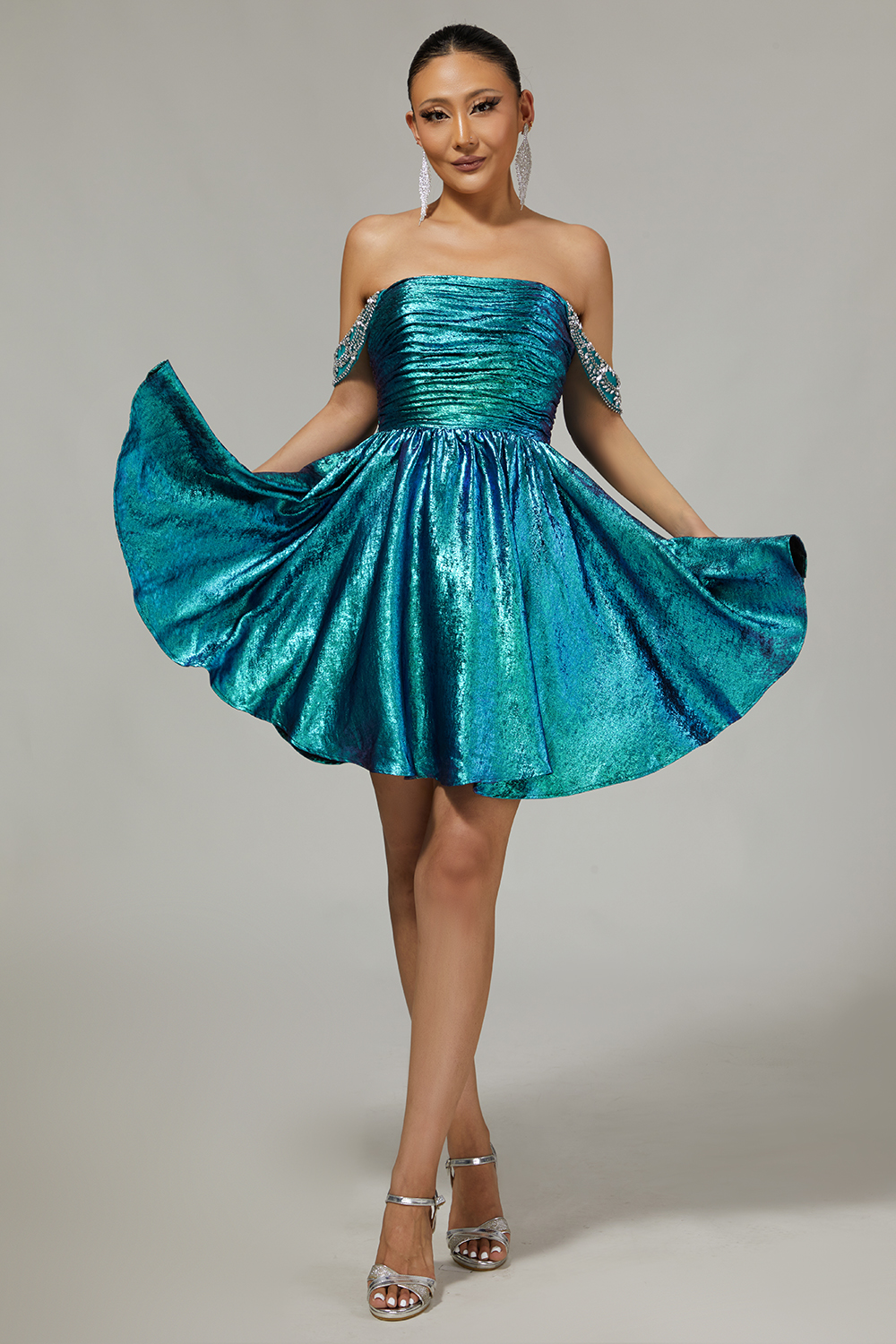 Green Metallic A Line Off the Shoulder Pleated Short Homecoming Dress