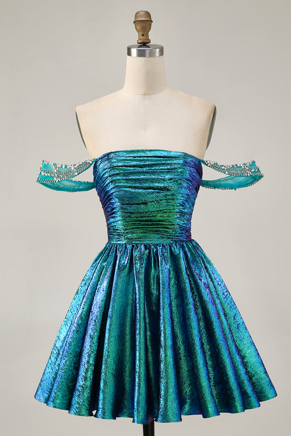 Green Metallic A Line Off the Shoulder Pleated Short Homecoming Dress