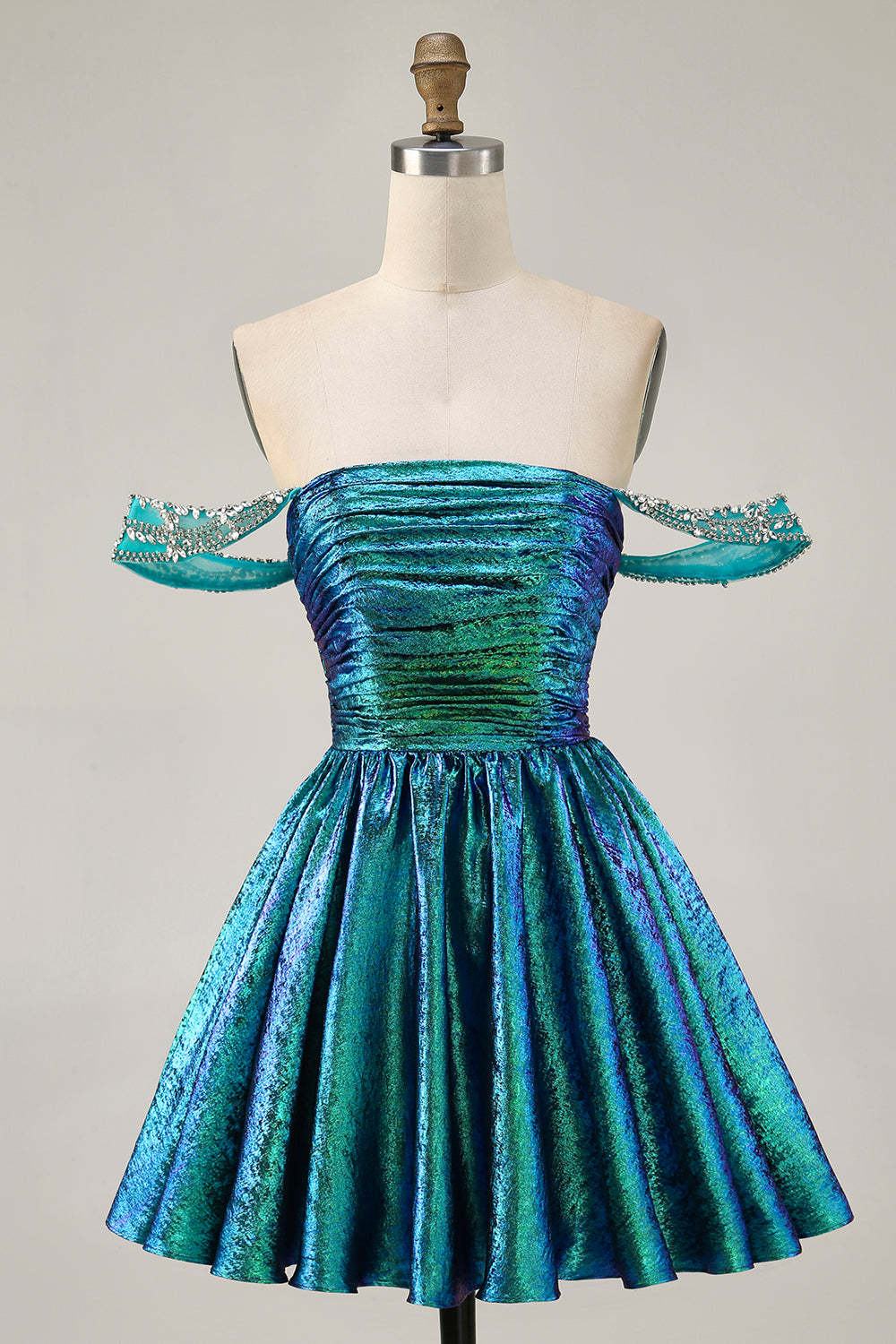 Green Metallic A Line Off the Shoulder Pleated Short Homecoming Dress