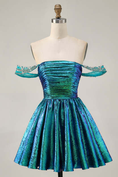 Green Metallic A Line Off the Shoulder Pleated Short Homecoming Dress