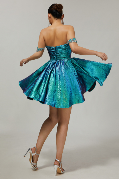 Green Metallic A Line Off the Shoulder Pleated Short Homecoming Dress