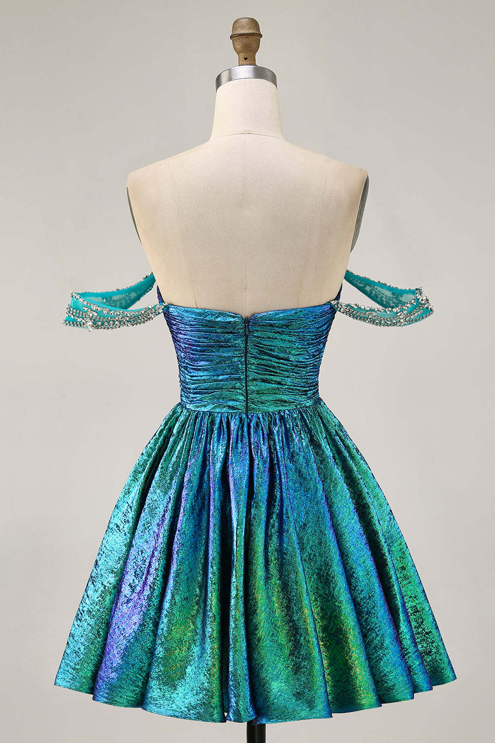 Green Metallic A Line Off the Shoulder Pleated Short Homecoming Dress