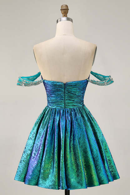 Green Metallic A Line Off the Shoulder Pleated Short Homecoming Dress