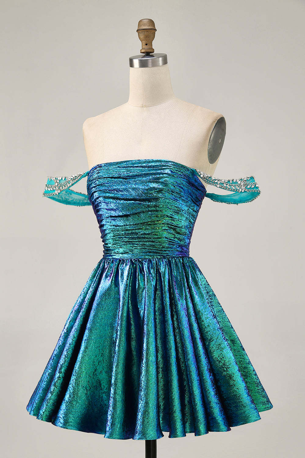 Green Metallic A Line Off the Shoulder Pleated Short Homecoming Dress