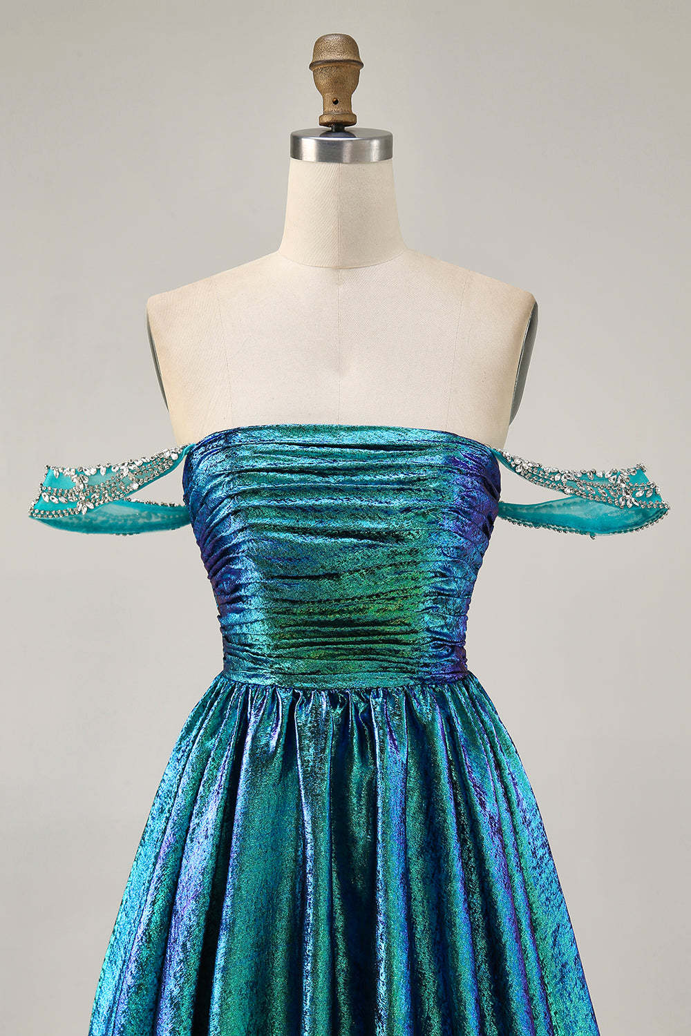 Green Metallic A Line Off the Shoulder Pleated Short Homecoming Dress
