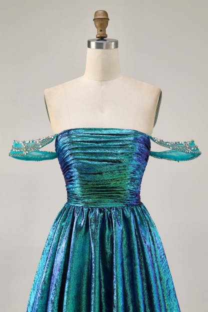 Green Metallic A Line Off the Shoulder Pleated Short Homecoming Dress