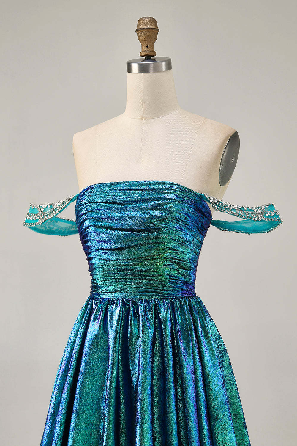 Green Metallic A Line Off the Shoulder Pleated Short Homecoming Dress