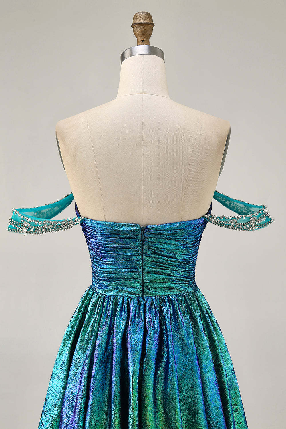 Green Metallic A Line Off the Shoulder Pleated Short Homecoming Dress