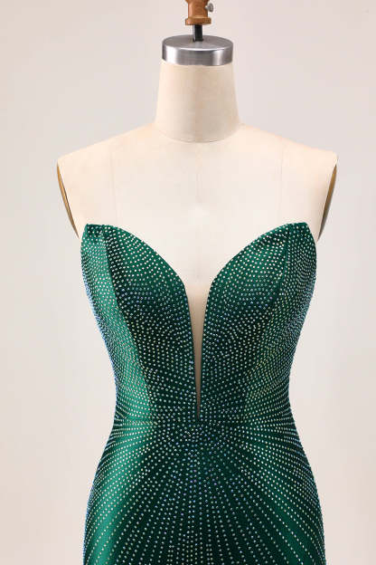 Dark Green Tight Satin Short Sparkly Homecoming Dress with Rhinestones