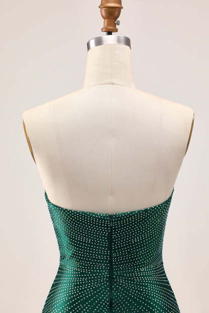 Dark Green Tight Satin Short Sparkly Homecoming Dress with Rhinestones