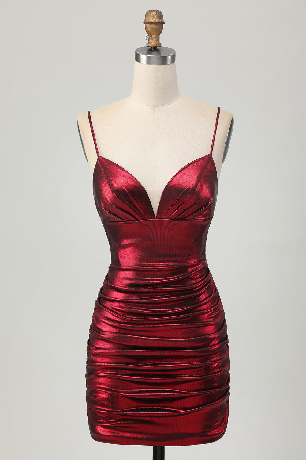 Burgundy Short Tight Ruched Spaghetti Straps Metallic Homecoming Dress