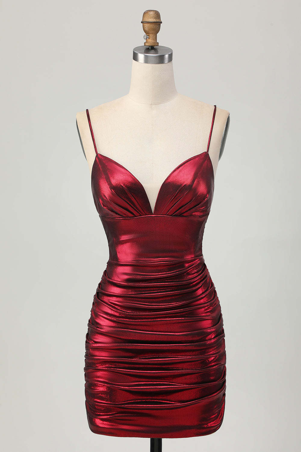 Leely Women Burgundy Metallic Tight Short Homecoming Dress Ruched Spaghetti Straps Backless Cocktail Dress
