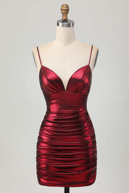 Leely Women Burgundy Metallic Tight Short Homecoming Dress Ruched Spaghetti Straps Backless Cocktail Dress