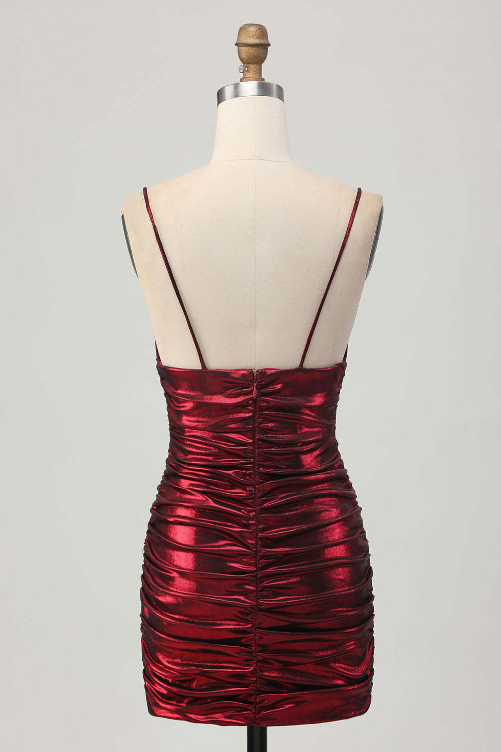Burgundy Short Tight Ruched Spaghetti Straps Metallic Homecoming Dress