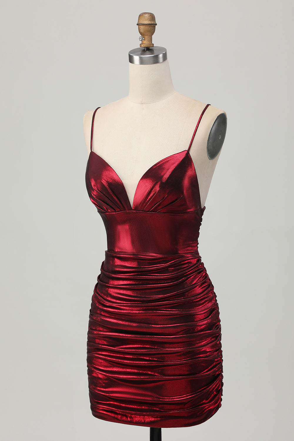 Burgundy Short Tight Ruched Spaghetti Straps Metallic Homecoming Dress