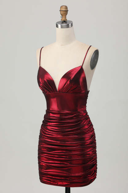 Burgundy Short Tight Ruched Spaghetti Straps Metallic Homecoming Dress