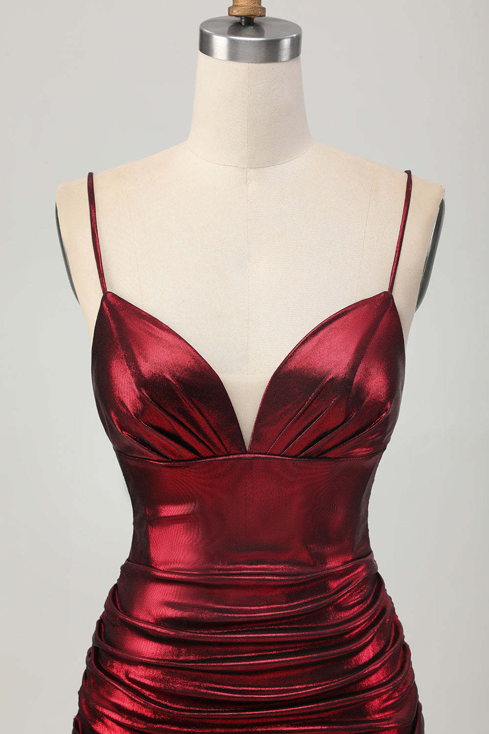 Burgundy Short Tight Ruched Spaghetti Straps Metallic Homecoming Dress