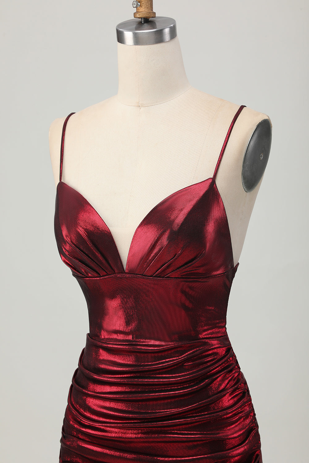 Burgundy Short Tight Ruched Spaghetti Straps Metallic Homecoming Dress