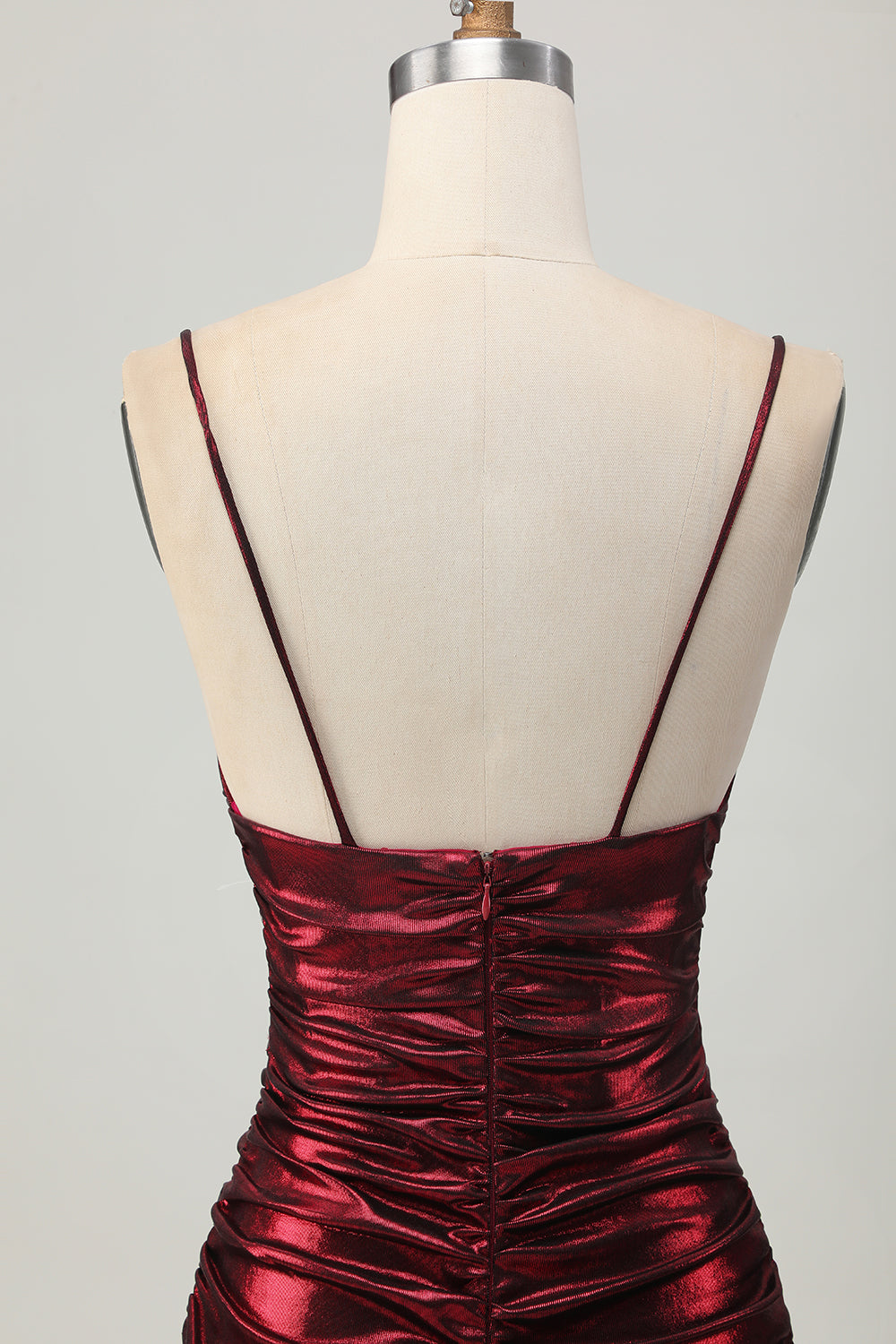 Burgundy Short Tight Ruched Spaghetti Straps Metallic Homecoming Dress