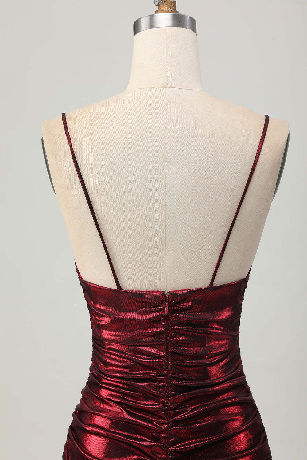 Burgundy Short Tight Ruched Spaghetti Straps Metallic Homecoming Dress