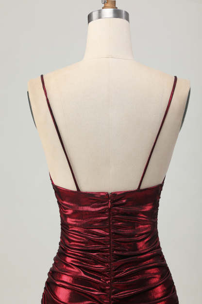 Burgundy Short Tight Ruched Spaghetti Straps Metallic Homecoming Dress