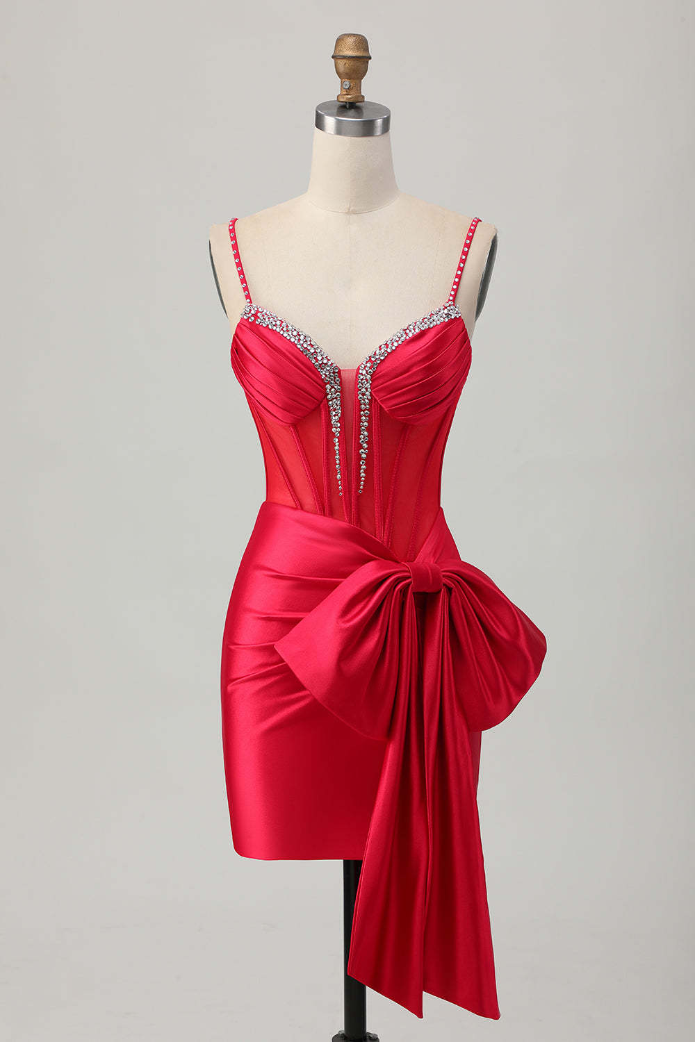 Leely Women Sparkly Red Satin Tight Corset Short Homecoming Dress with Bow Beaded Spaghetti Straps Ruched Lace Up Back Cocktail Dress