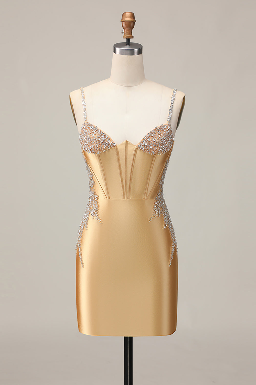 Golden Corset Satin Sparkly Short Tight Homecoming Dress with Rhinestones