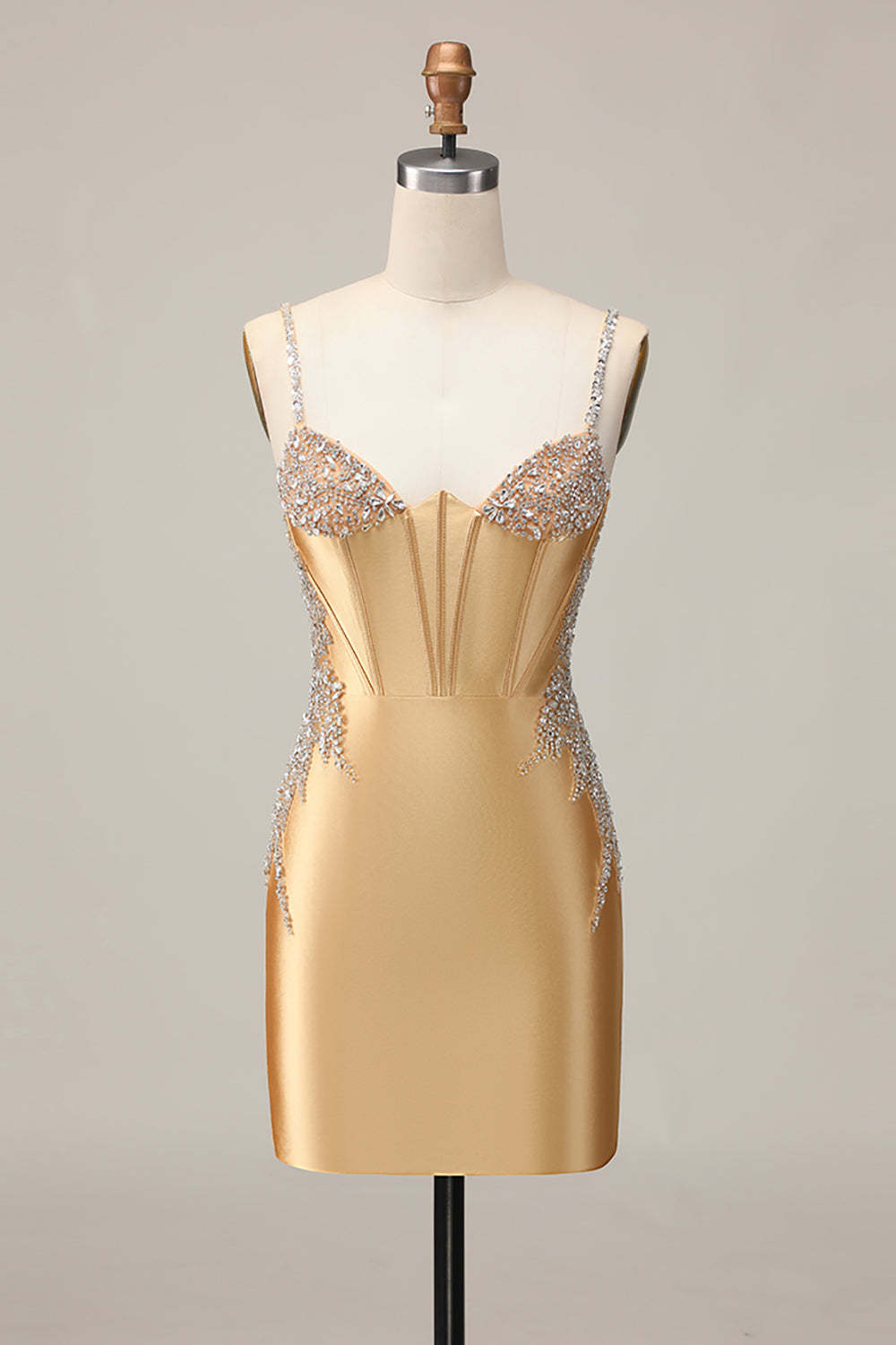 Leely Women Sparkly Golden Corset Short Homecoming Dress with Rhinestones Beaded Satin Tight Spaghetti Straps Cocktail Dress