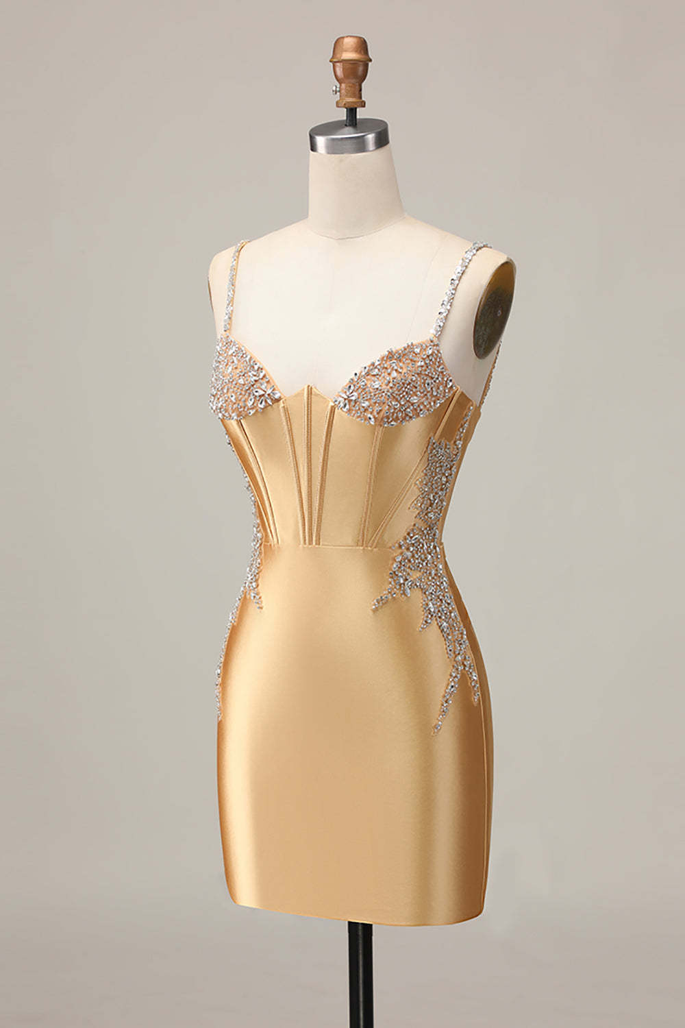 Golden Corset Satin Sparkly Short Tight Homecoming Dress with Rhinestones