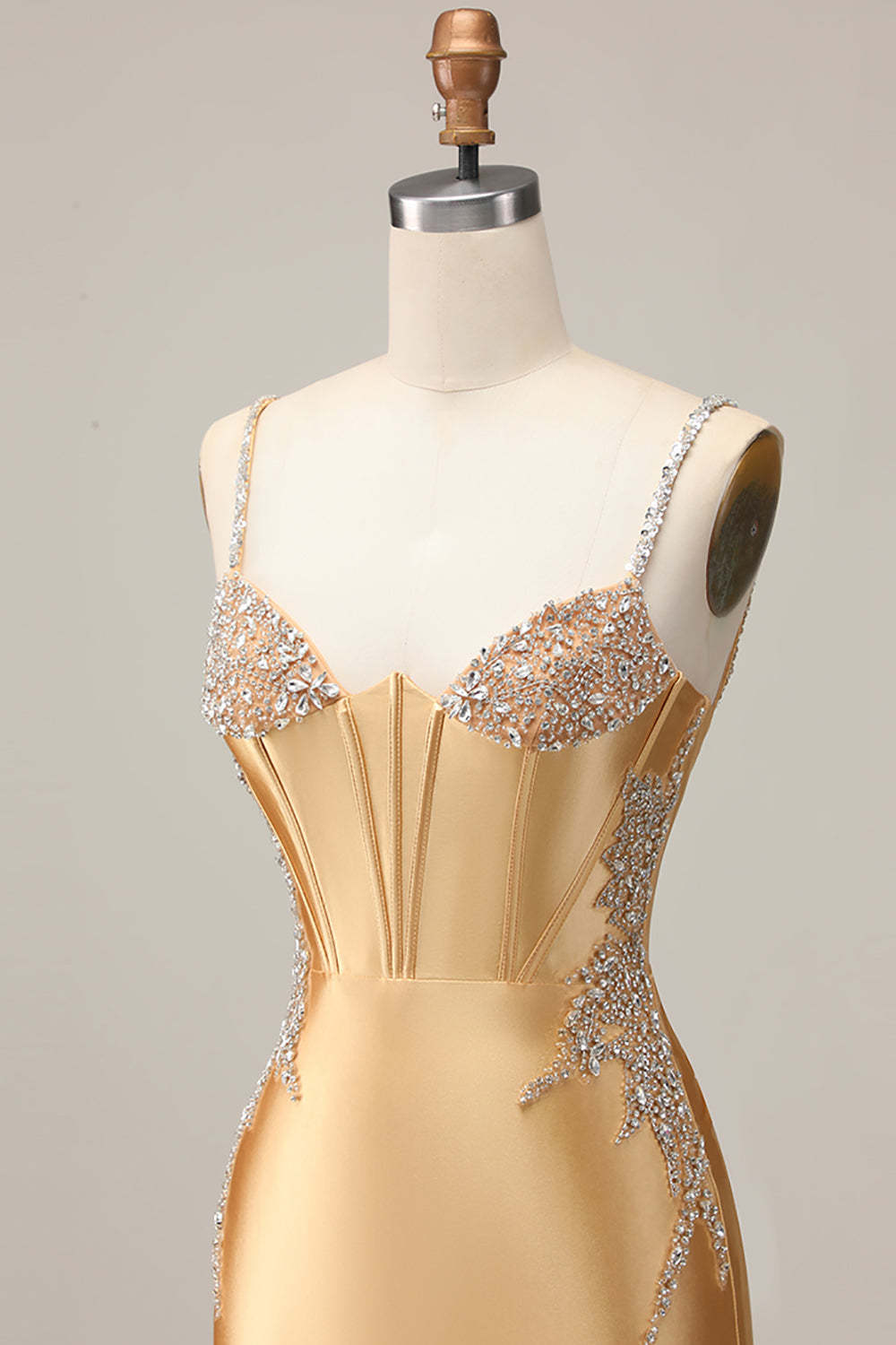 Golden Corset Satin Sparkly Short Tight Homecoming Dress with Rhinestones