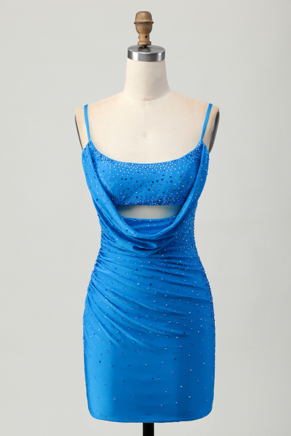 Sparkly Blue Tight Beaded Short Ruched Homecoming Dress with Drapes